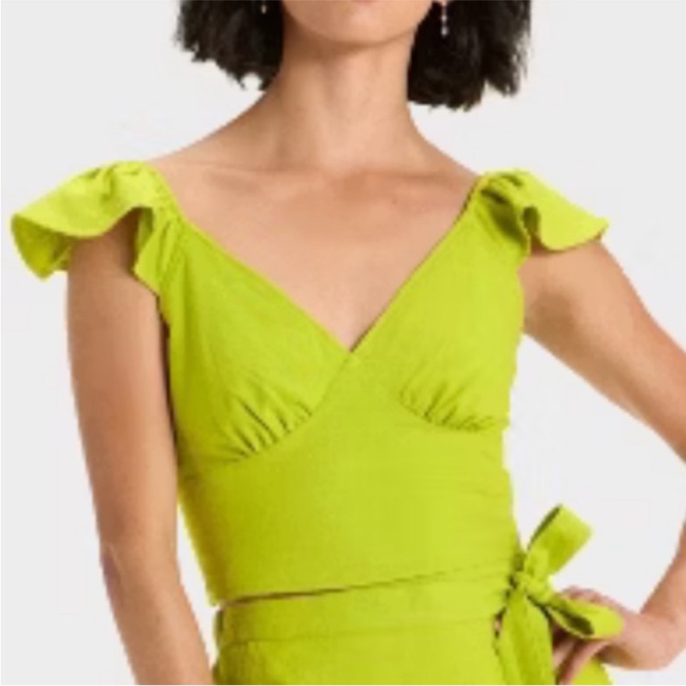 Lime Green V-Neck Ruffle Top NWT - Picture 2 of 2
